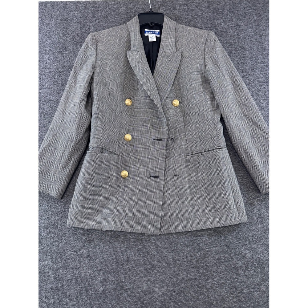 Pendleton Petite Grey Glen‎ Plaid 100% Virgin Wool Double Breasted Blazer Size 4